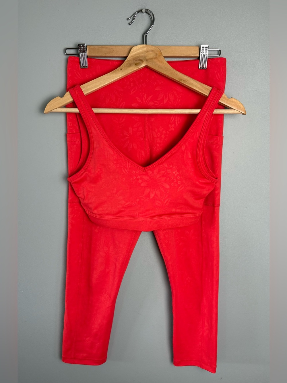 ZYIA Red Floral-Textured Bralette & Capri Leggings Set